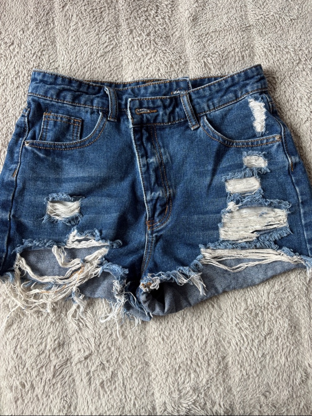 Distressed High-Rise Denim Shorts - Blue